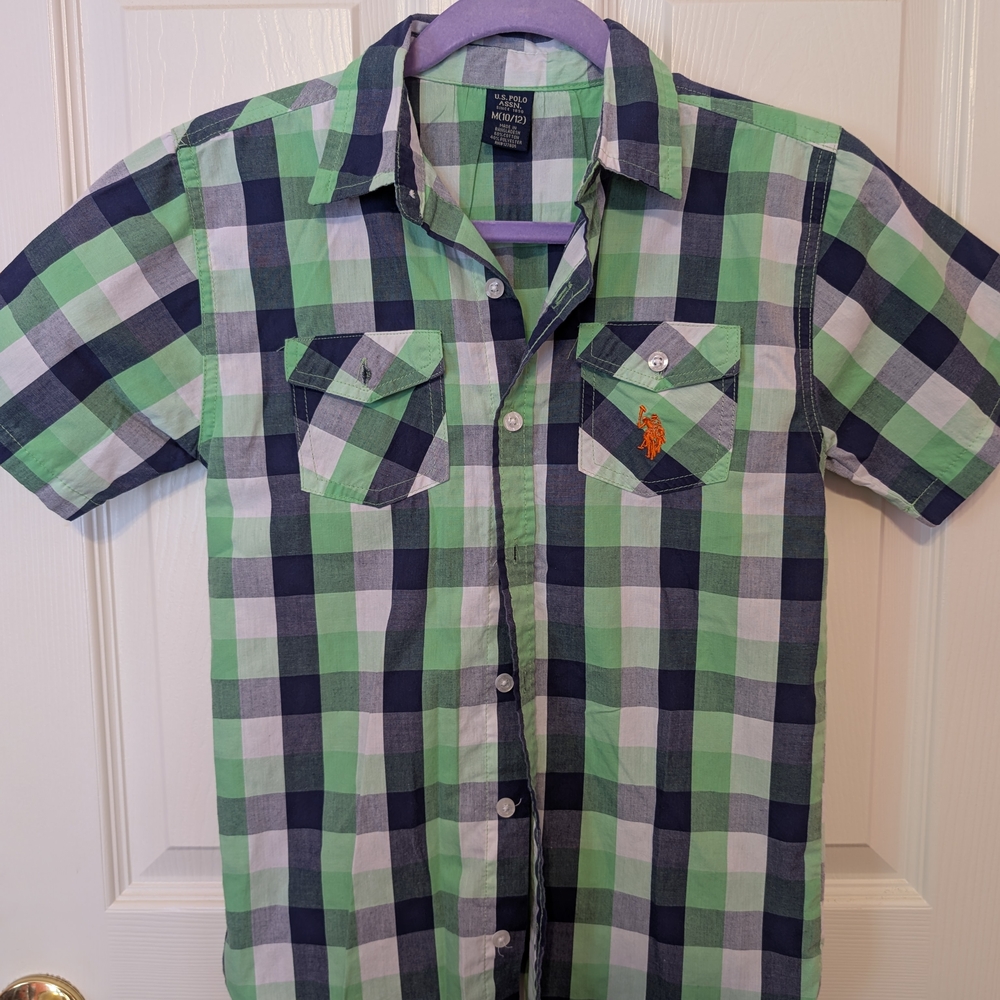 Ralph Lauren Polo Boys Green and Blue Plaid Shirt, Size M, 10/12, EUC